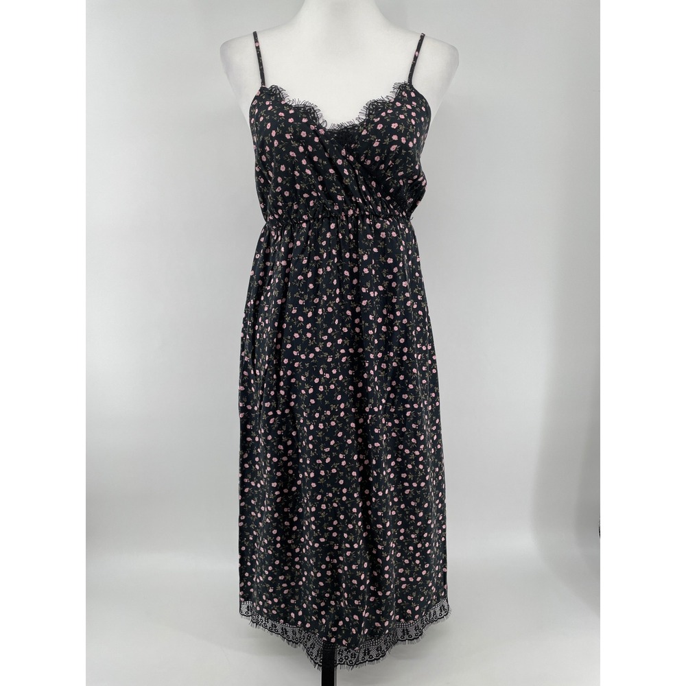 Old Navy Slip Dress Womens Small Petite Black Pink Floral Lace Romantic Cottage